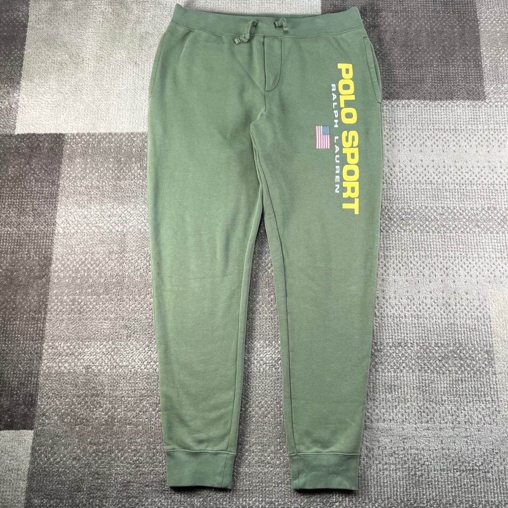 Polo Sport Ralph Lauren Mens Green Graphic Fleece Jogger Sweatpants Size M Flag